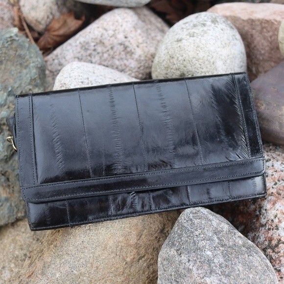 Vintage Eel Skin Black Leather Clutch Purse Handbag Beautiful Retro 1950s Bag - Picture 1 of 16